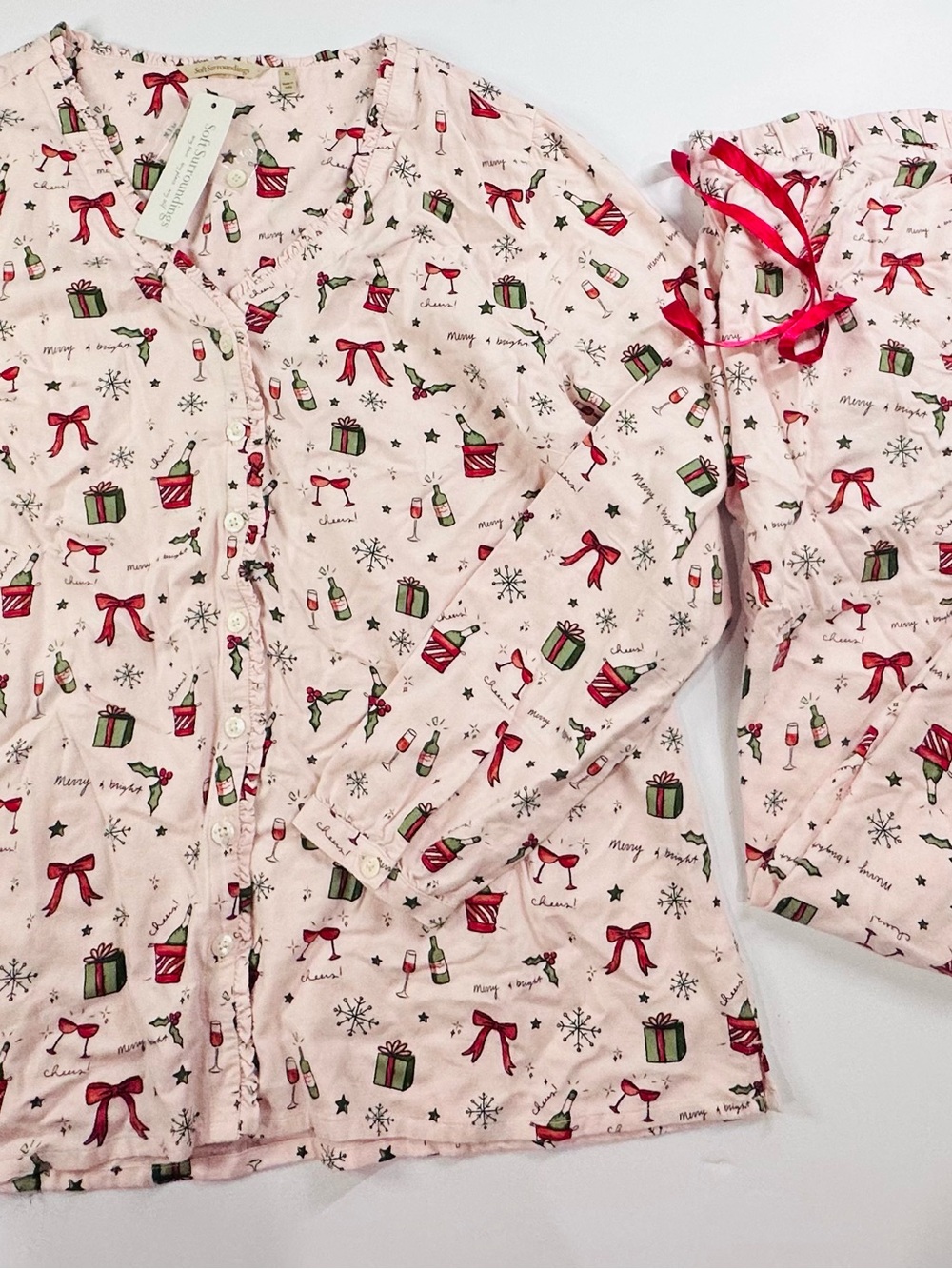 Soft Surroundings Christmas Pajama Set Pink Holiday Wine Champagne XL NWT